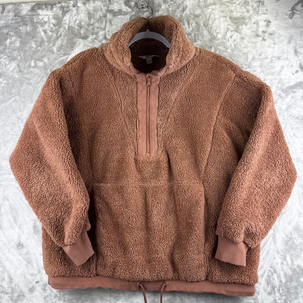 JoyLab Fleece Pullover Womens Large Brown Quarter Zip Sherpa Borg (1633)